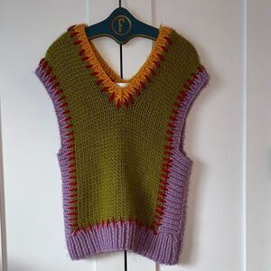 Hope Macaulay Multicolor Hand-Knit Oversized V-Neck Sweater Vest - L